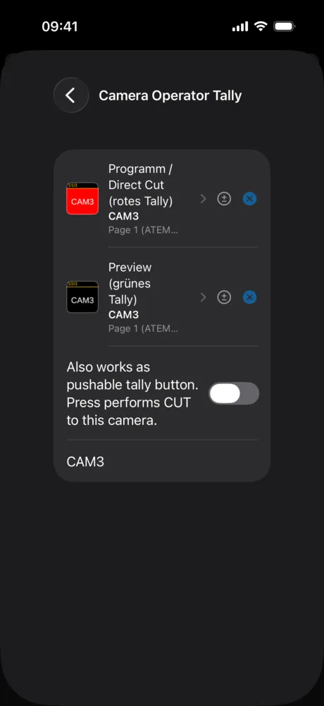 Tally settings with red and green button