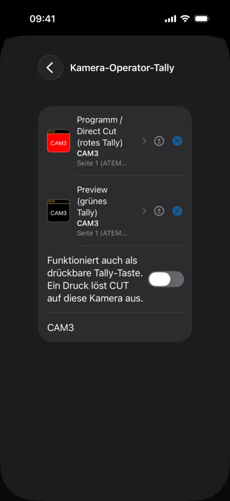 Tally-Einstellungen mit roter und grüner Taste